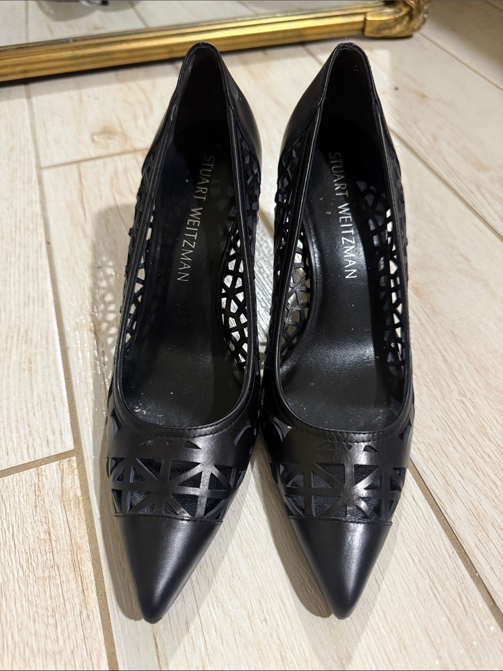 Stuart Weitzman Black Laser-Cut Pointed Pumps
